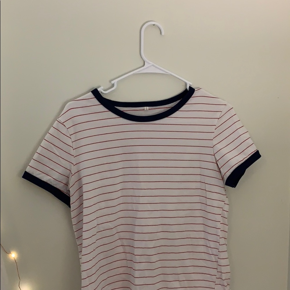 Red and white striped tee with navy cuffs